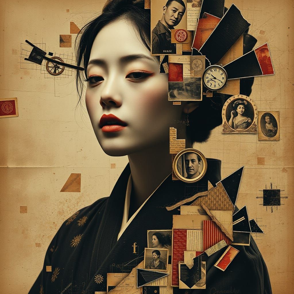 Japanese Woman in Vintage Collage of Time
