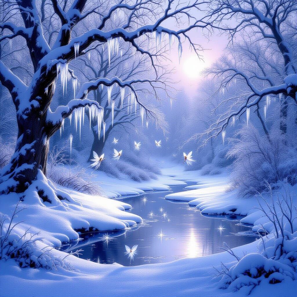 Enchanted Winter Grove with Fairies and Starlight