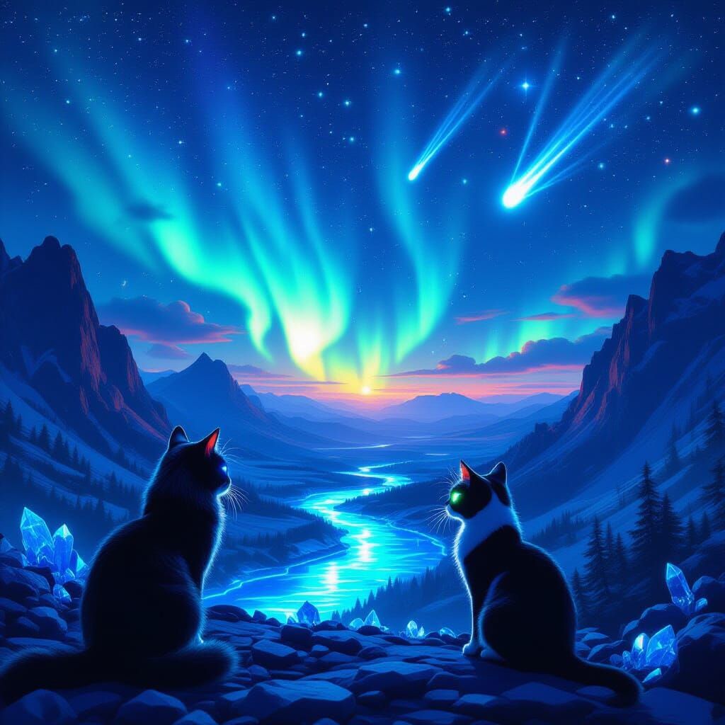 Neon River Valley Under Cosmic Aurora Sky