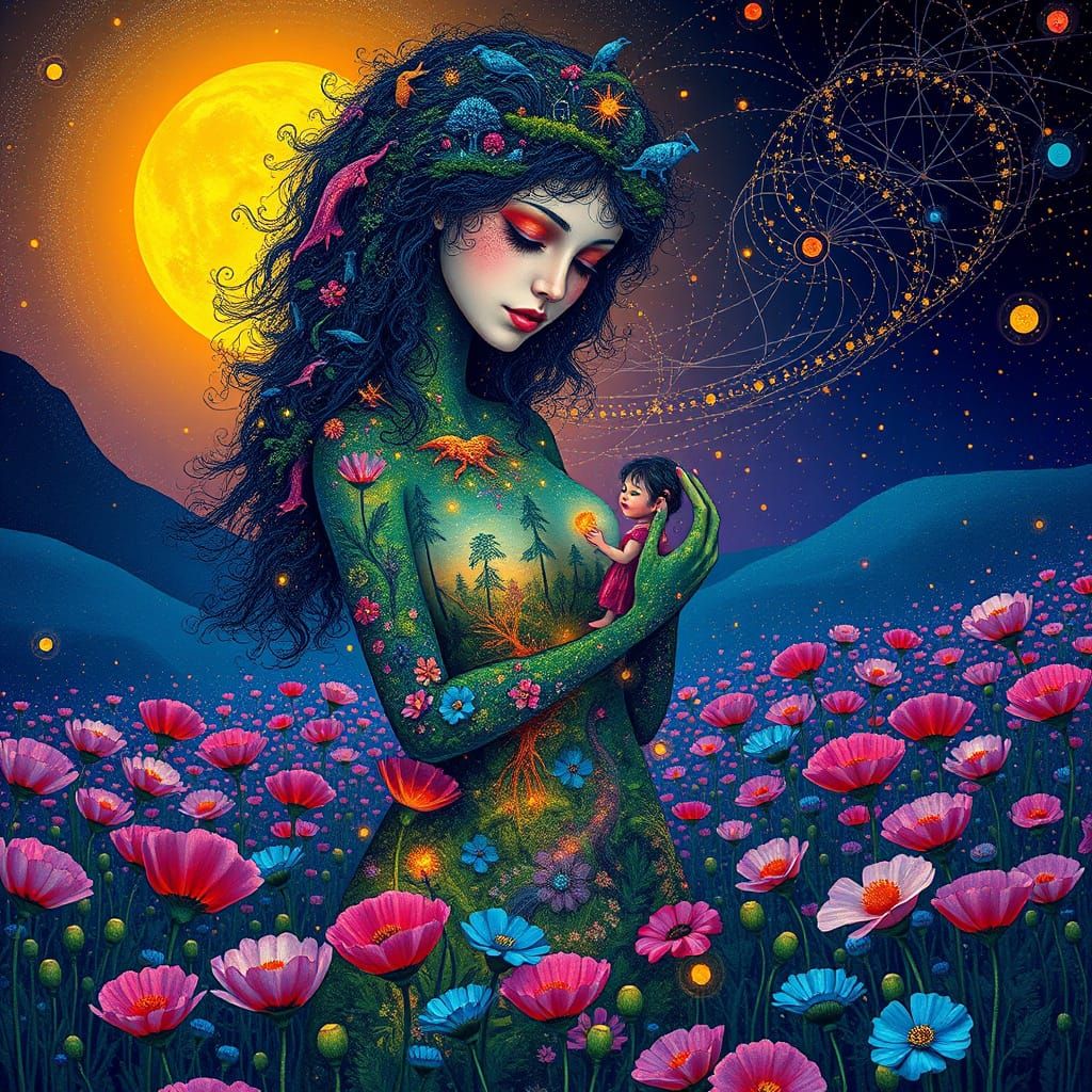 Mother of Vibrant Forests Enfolds Child in Kaleidoscopic Dre...