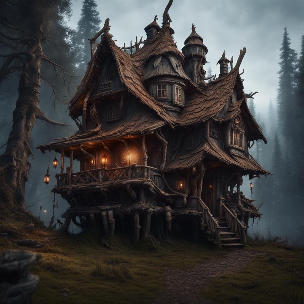 Hyperrealistic Horror Style Baba Yaga House