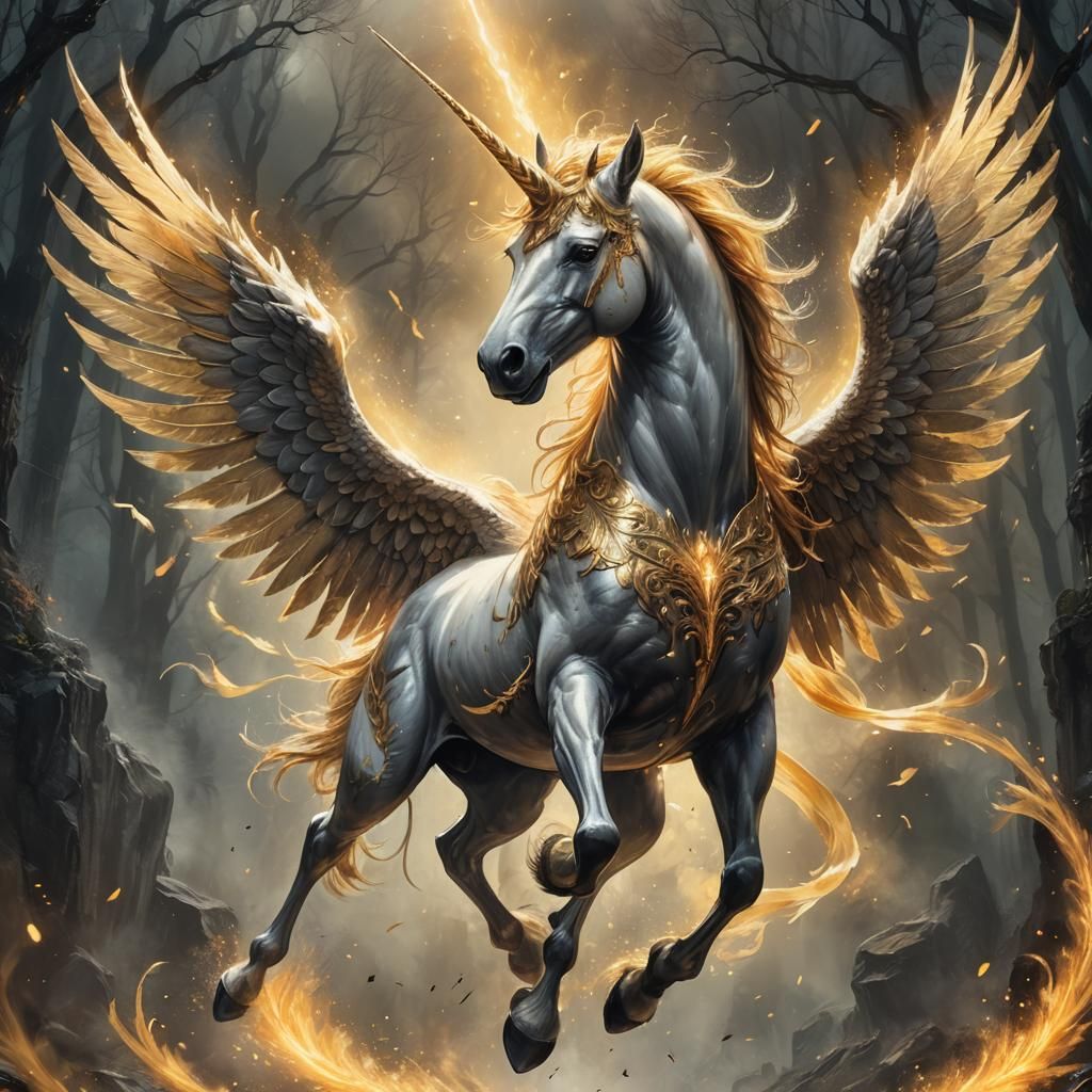 Winged Unicorn in Combat: Charcoal and Glowing Paint