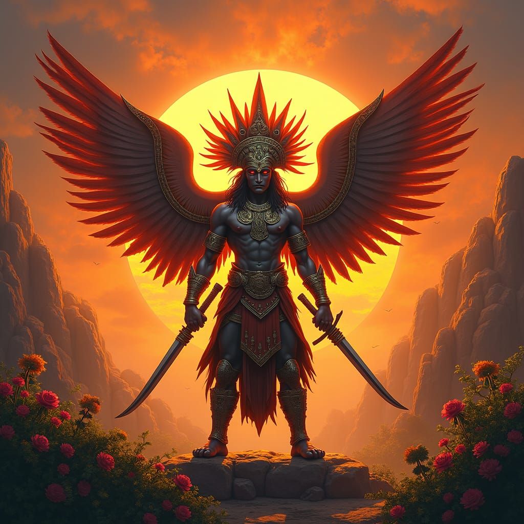 Huitzilopochtli: Aztec God of War in Fiery Landscape