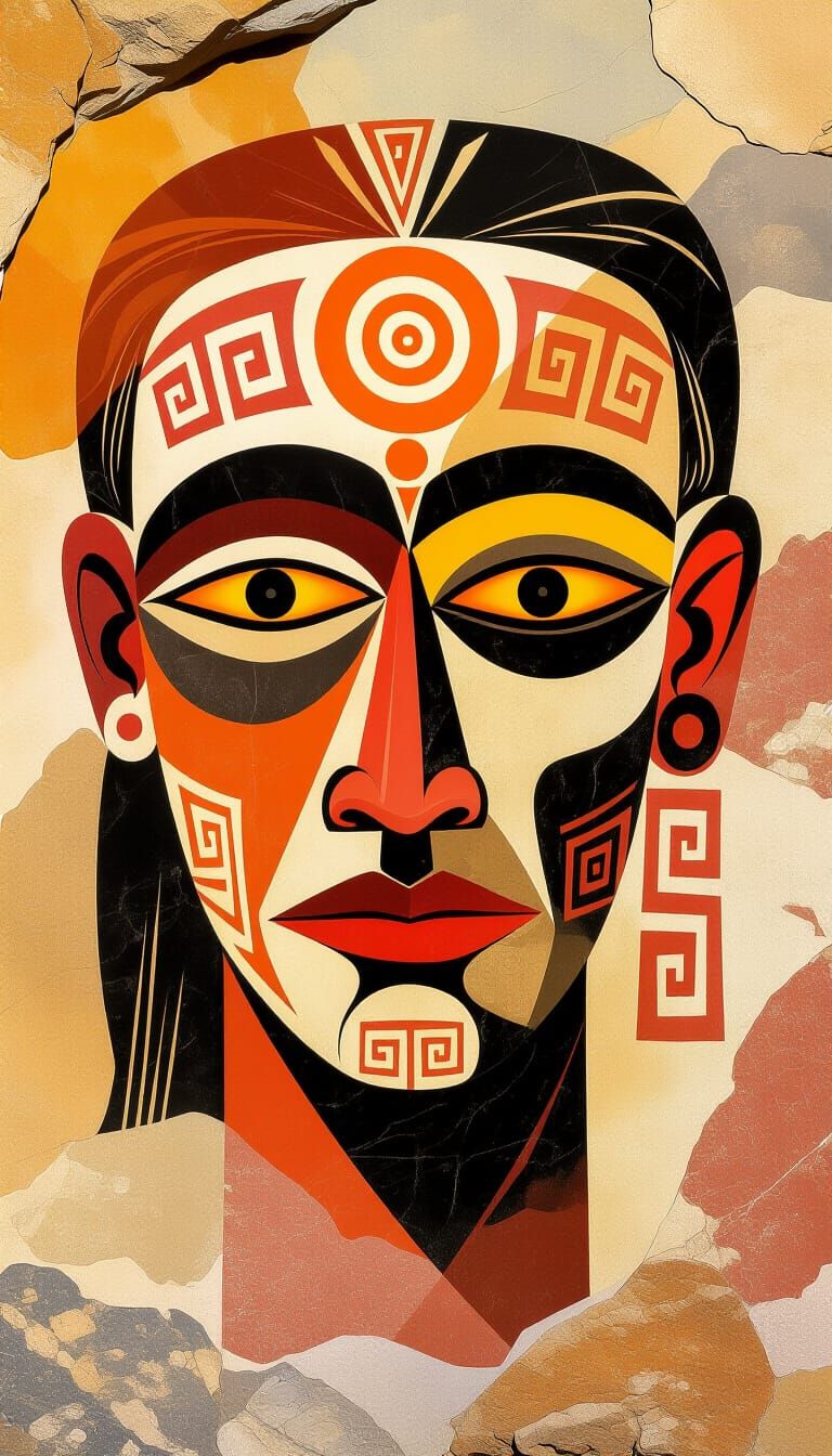 Ancient Cave Painting of Mystical Mask Face