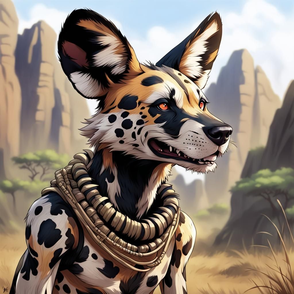 Anthropomorphic African Wild Dog in Anime Style