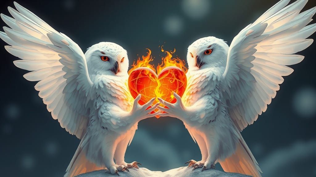 Two Majestic White Owls Hold Radiant Fiery Heart