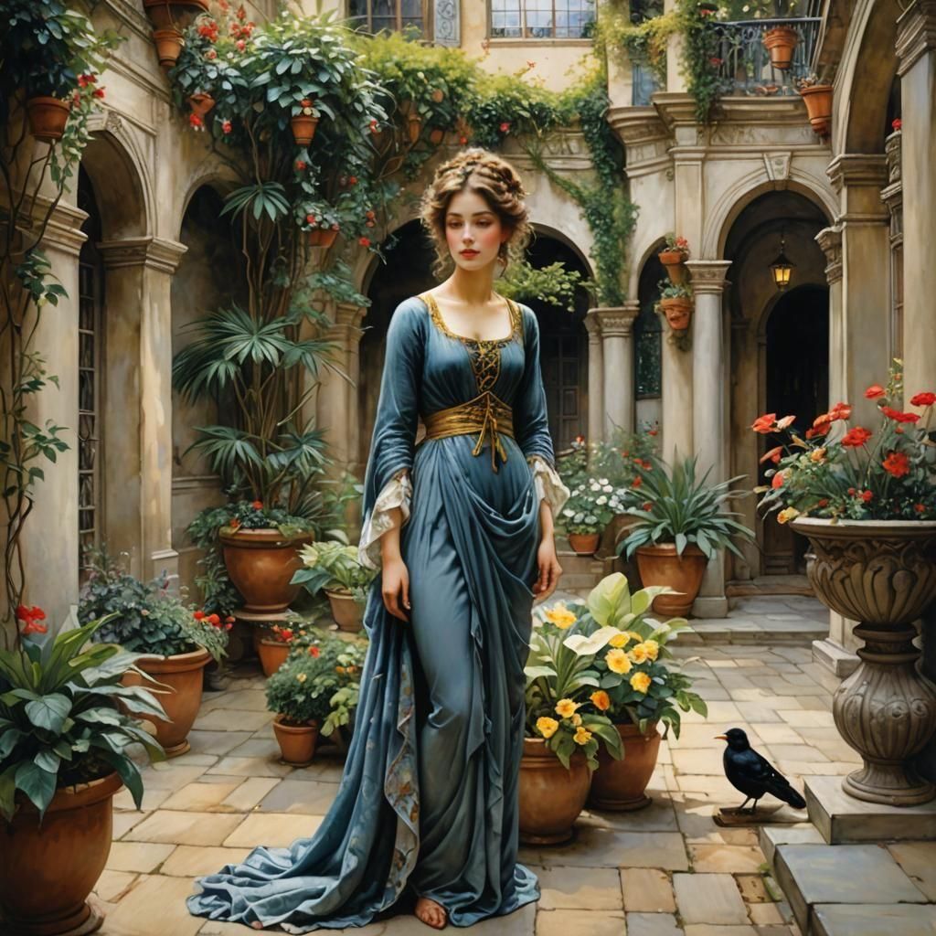 Elegant Woman in Courtyard: Hyperrealistic Watercolor Art