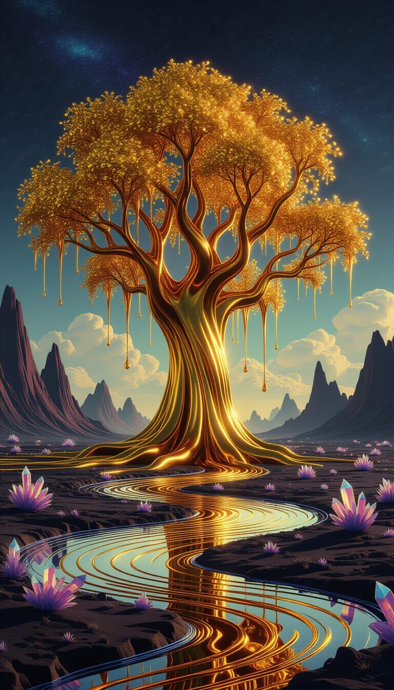 Molten Gold Tree in Surreal Alien Landscape
