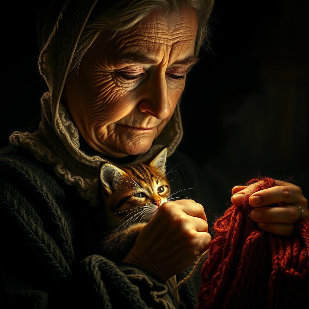 Woman Knitting with Kitten: Classic Portraiture