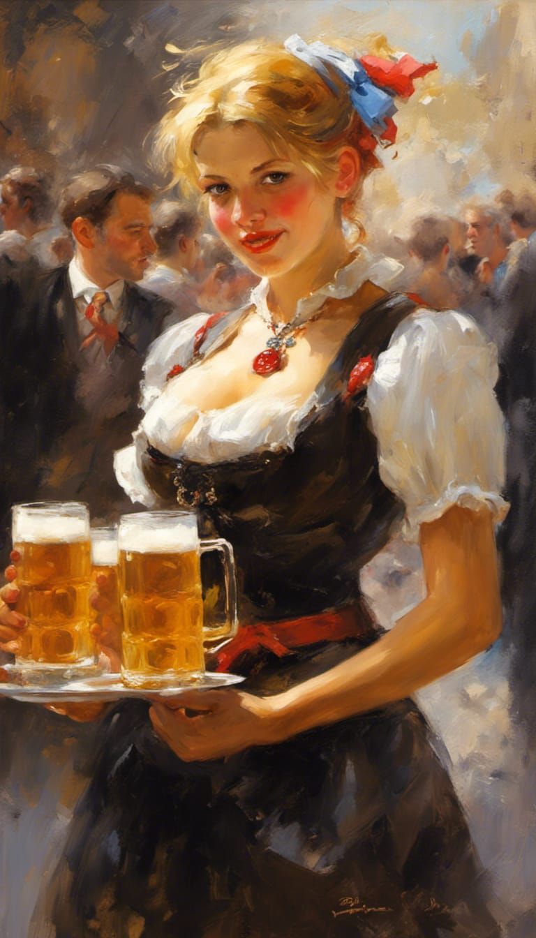 Oktoberfest Beer Maid in Impressionistic Oil Painting