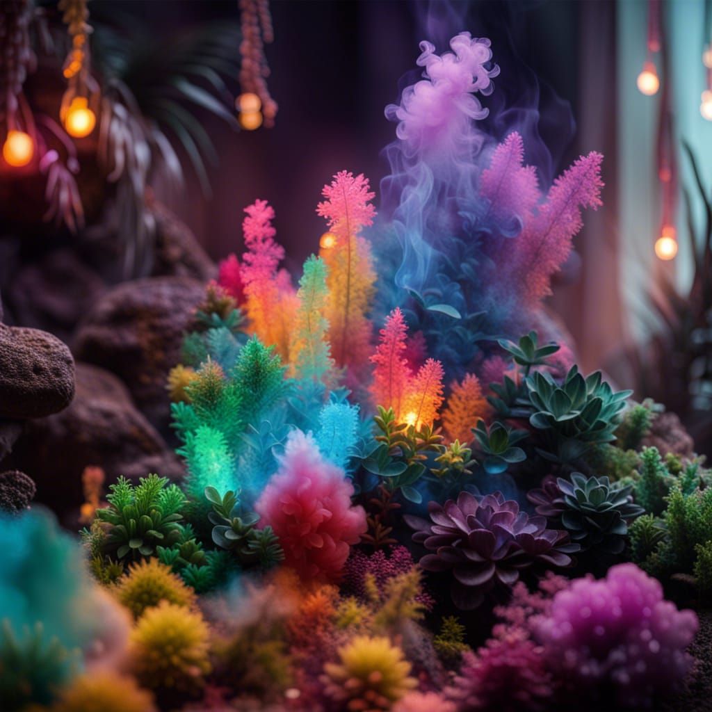 Colorful Crystal Plants in a Smoky Light Display