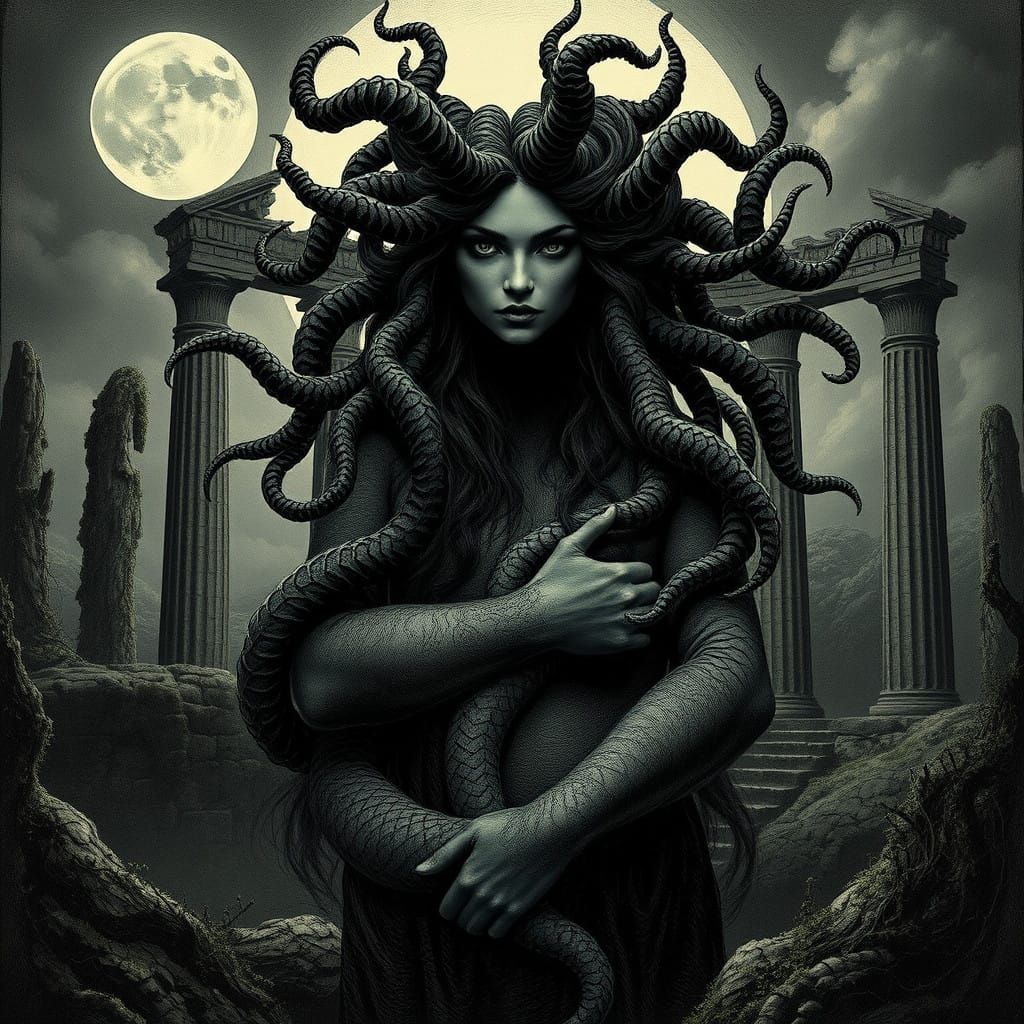 Gothic Goddess of Living Darkness in Moonlit Temple Ruin