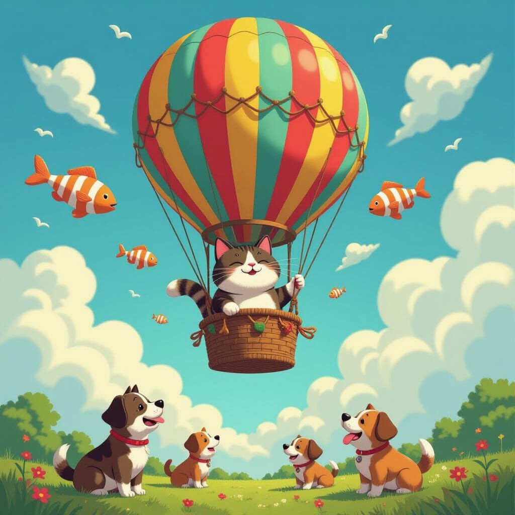 Cat Piloting Balloon with Dogs in Cartoon Style