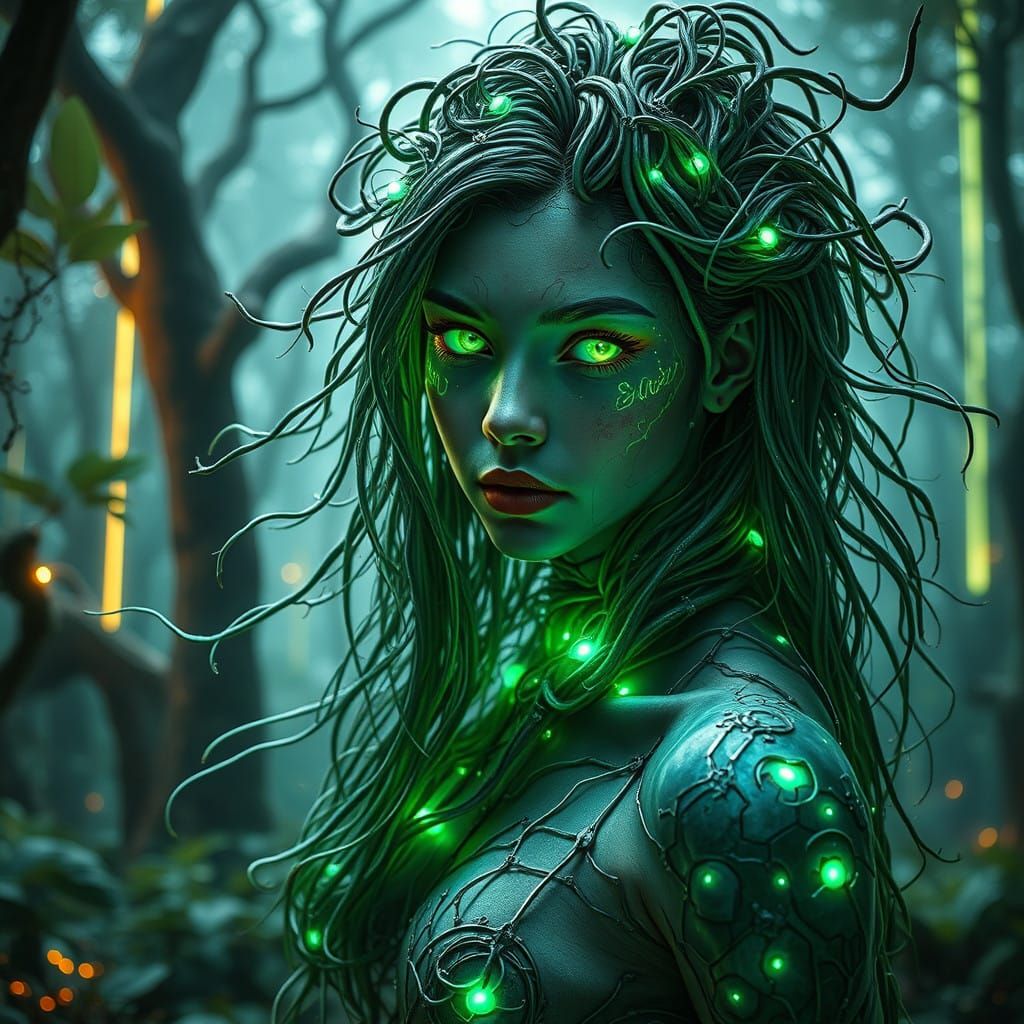 Cyberdryad Elegance in a Futuristic Forest