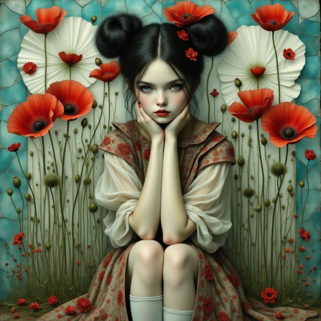 Art Nouveau Woman with Poppies and Stained Glass