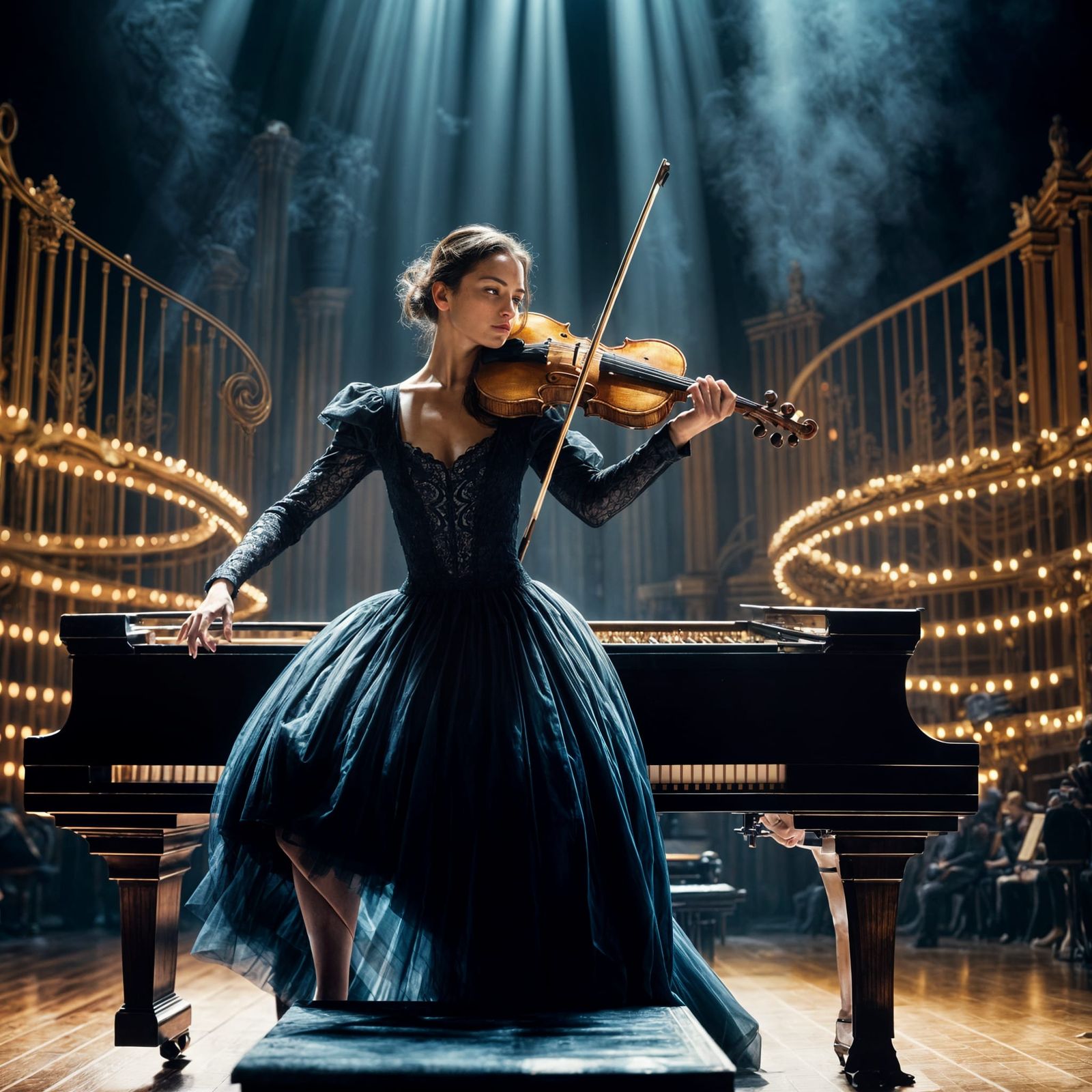 Dramatic Violinist Dances on Piano Strings