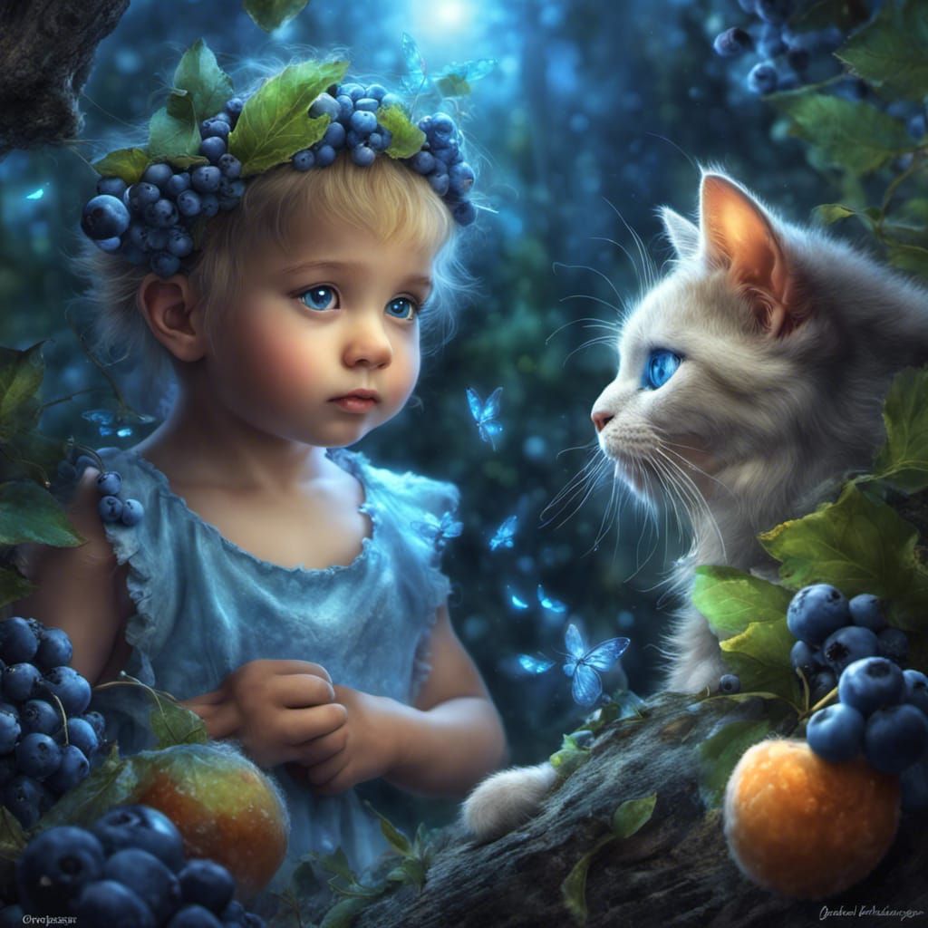 Fairies, Kittens and Blueberries in Pop Art Style