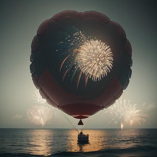 Hyperrealistic Balloons and Fireworks Over Ocean