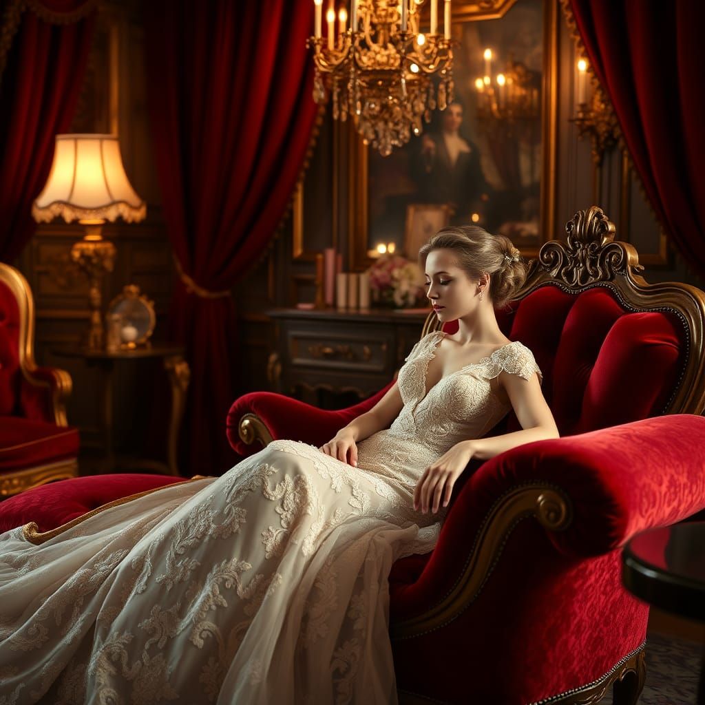 Bride in Opulent Boudoir, Romantic Era Style