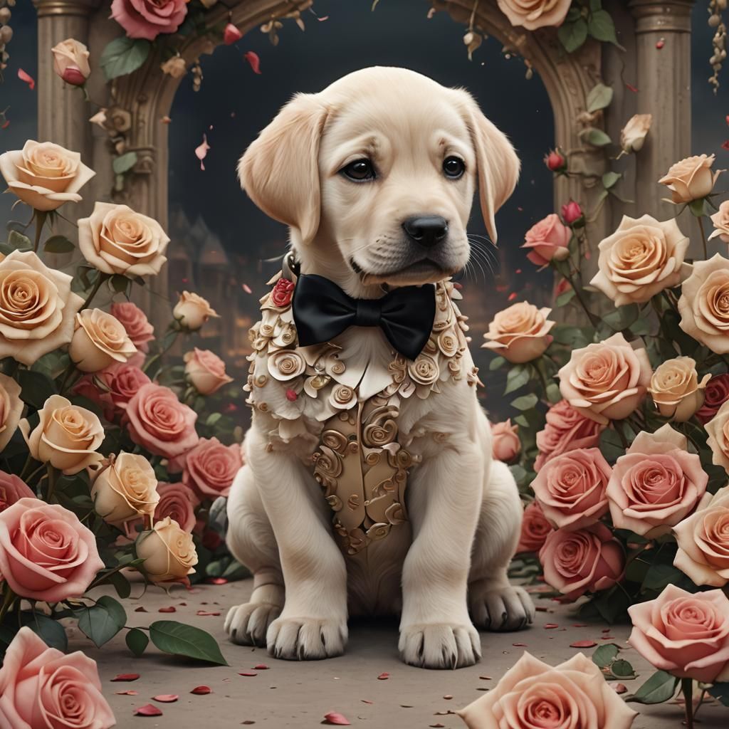 Labrador Puppy in Suit with Roses, Detailed Art