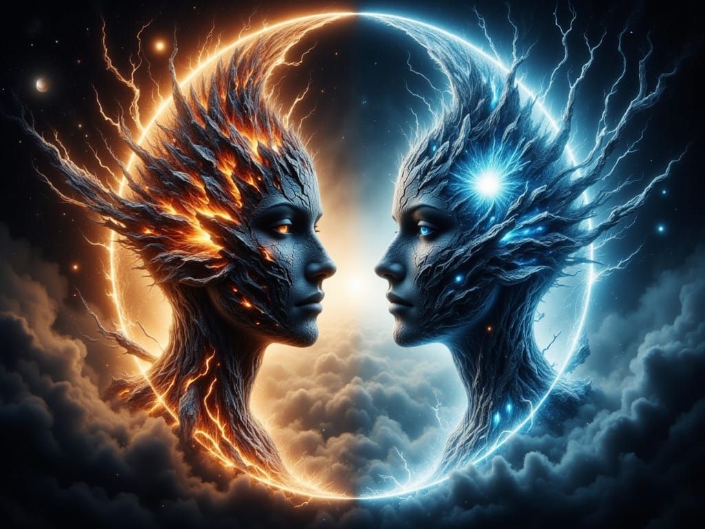 Crimson and Frost Lunar Deities in Double Exposure