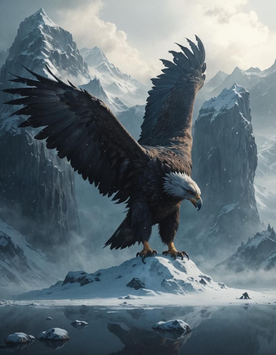 Giant Eagle in Misty Snow Mountain: Dark Fantasy Art