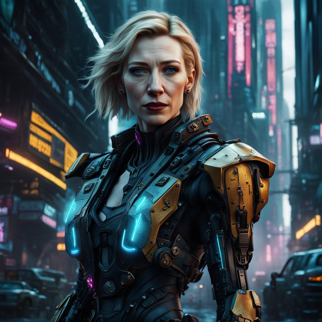 Cate Blanchett as Cyberpunk Razorgirl: Detailed Art