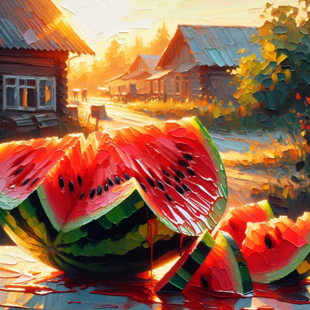 Watermelon Slices Gleaming: Oil Painting in Oriental Colors