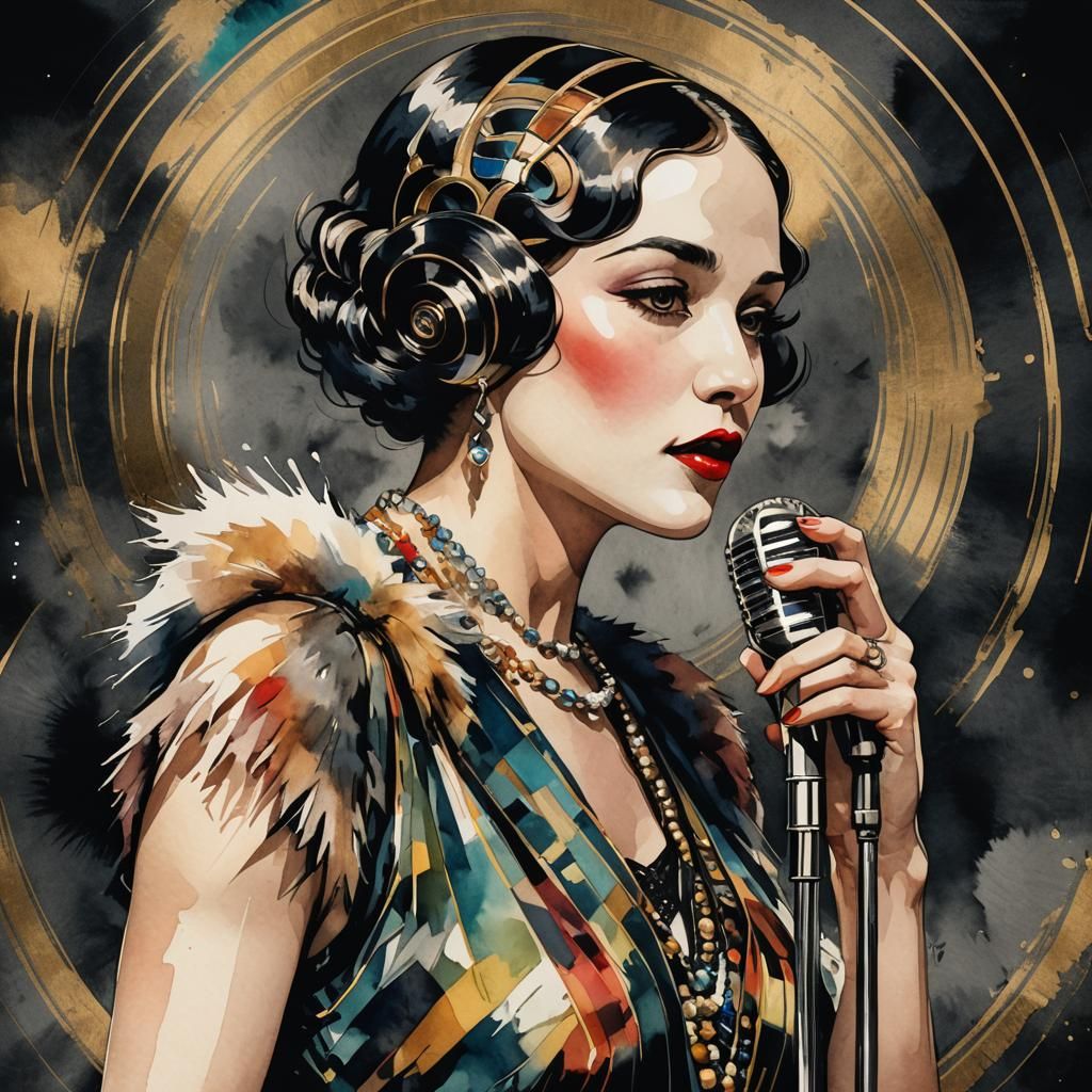 1920s Jazz Singer in Watercolor Pop Art Style