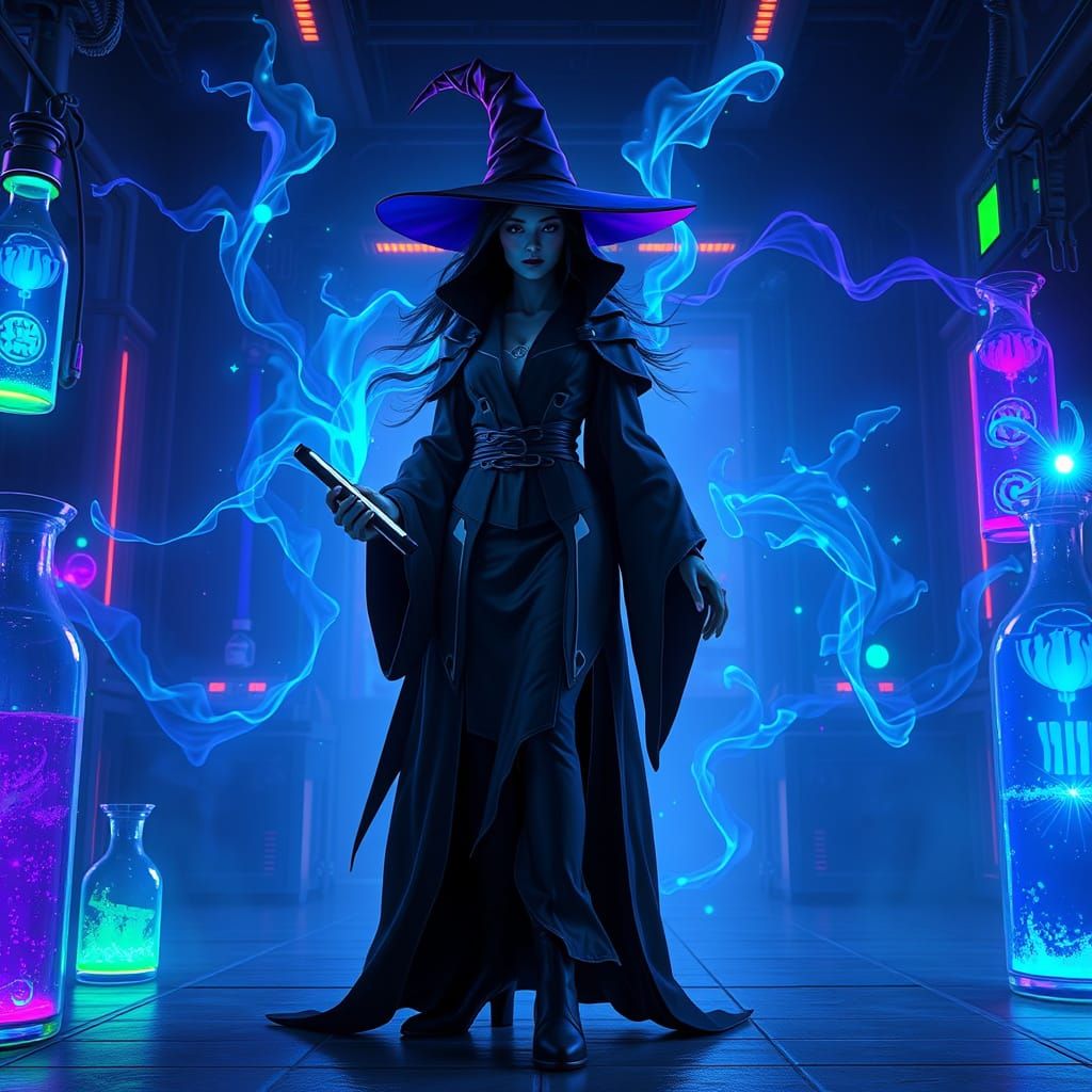 Modern Witch With Futuristic Tech Creates Glowing Potions