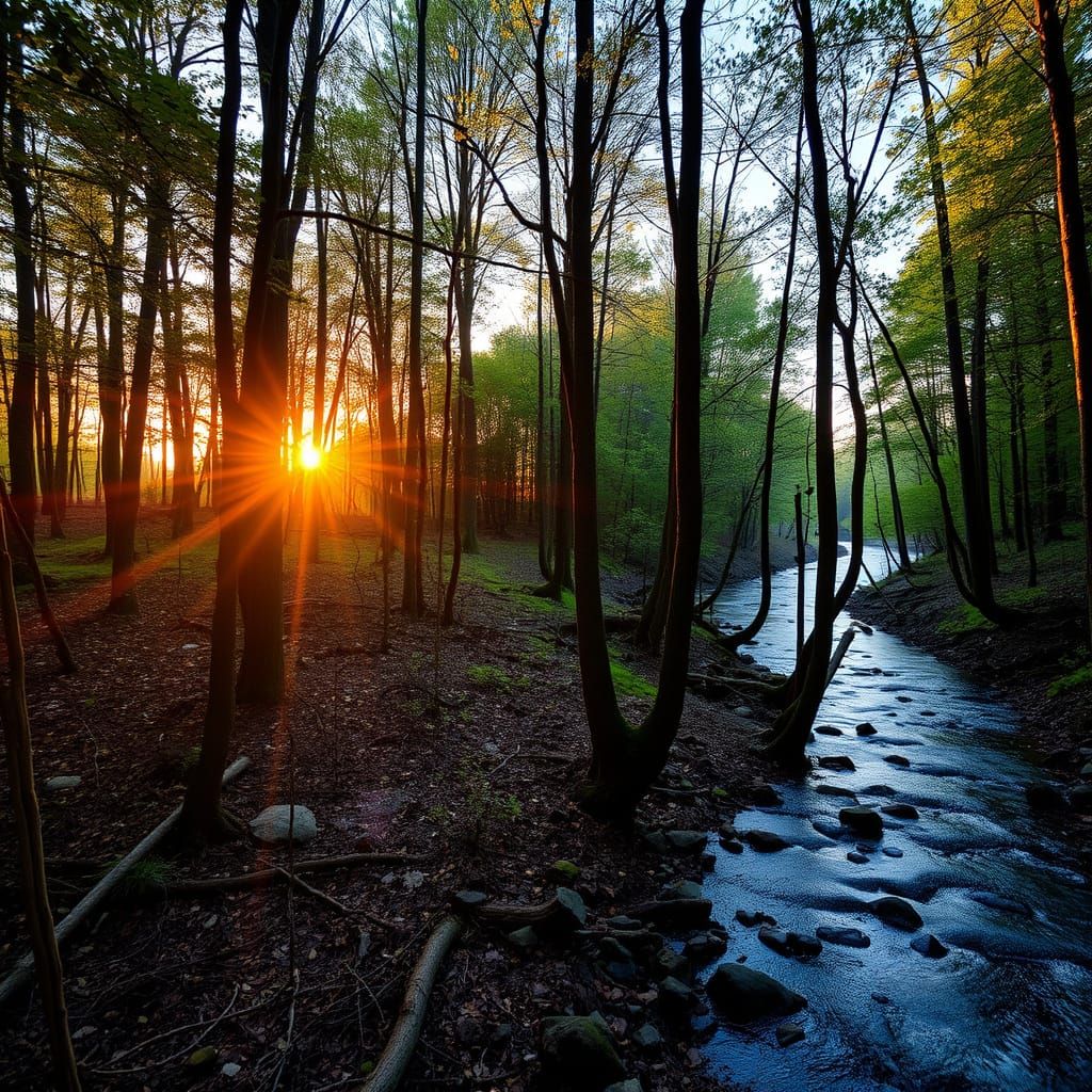 River Stream Through Thick Woods at Sunset