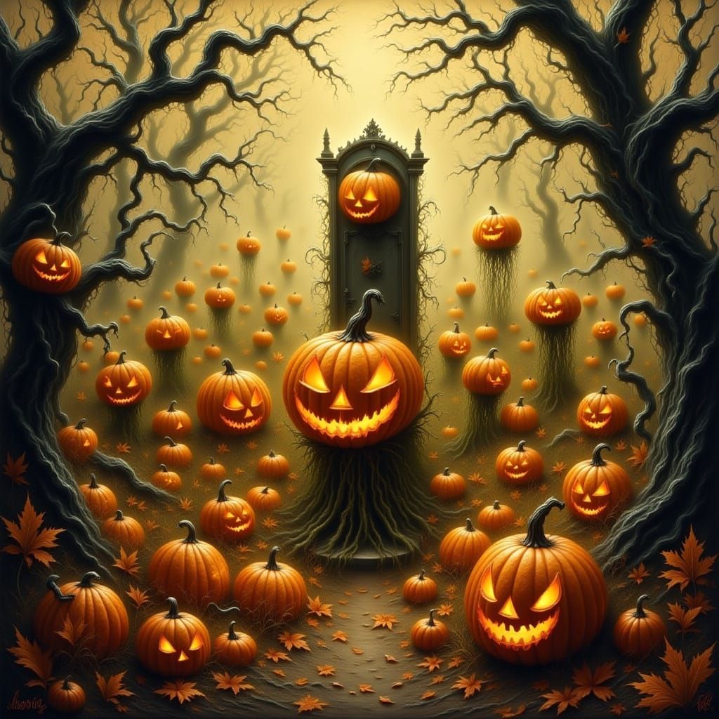 Autumn Wildflowers with Jack-o'-Lanterns in Painterly Style