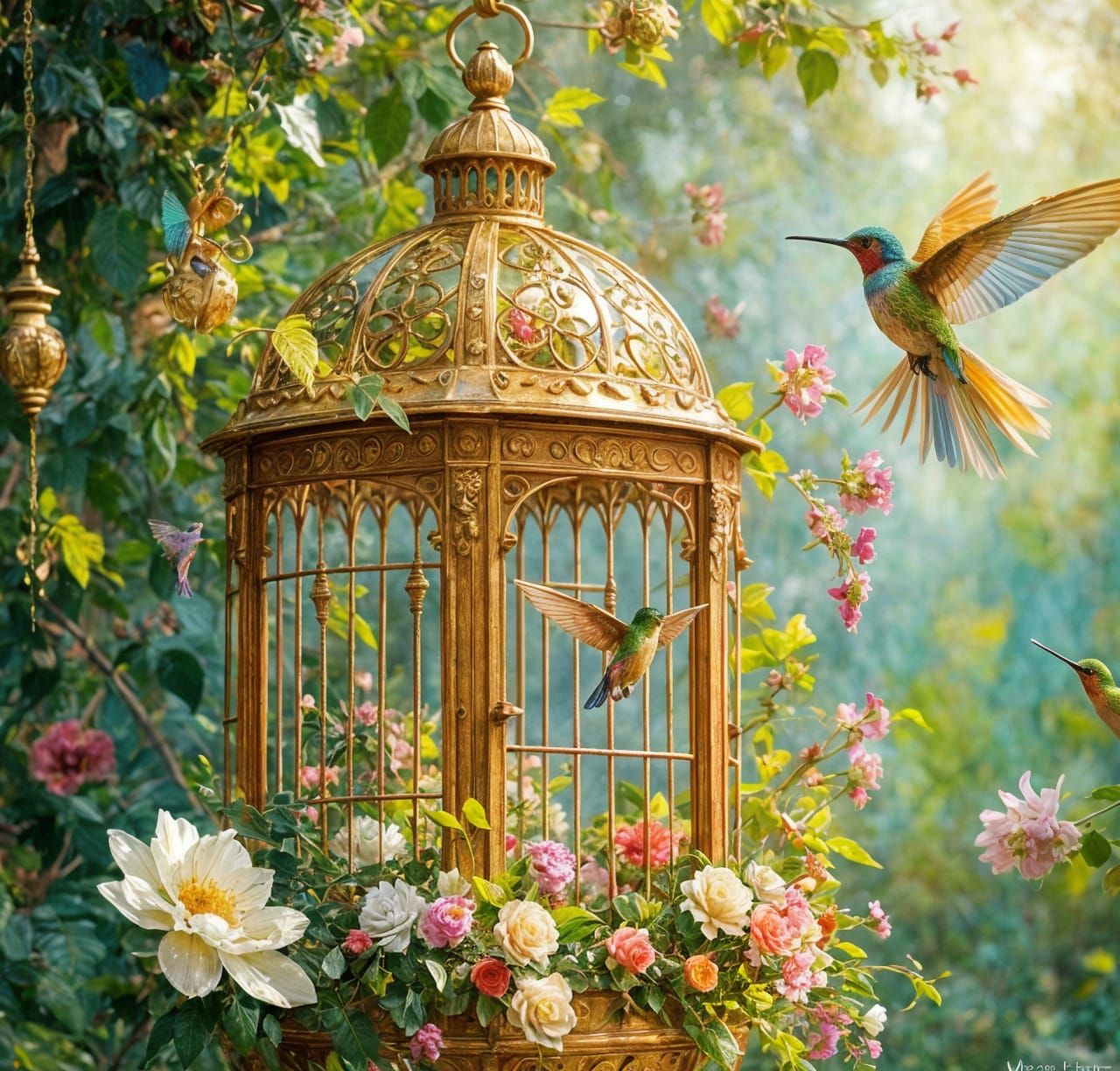 Ornate Birdcage Opens to Hummingbirds in Sunlight