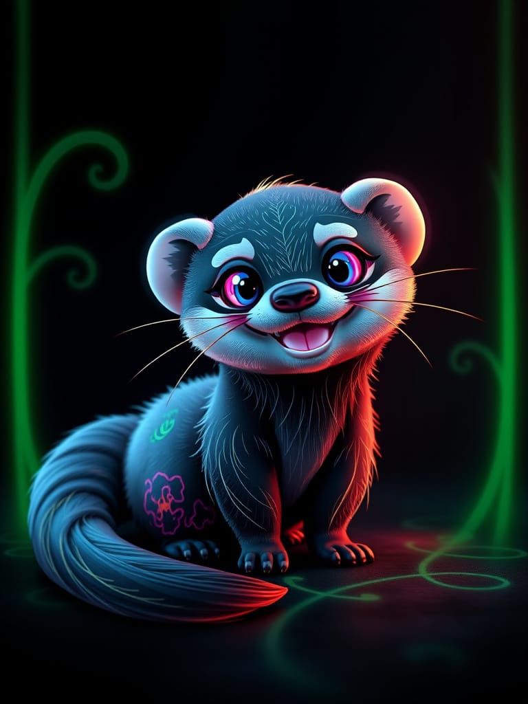 Friendly Anime Ferret with Neon Fractal Details