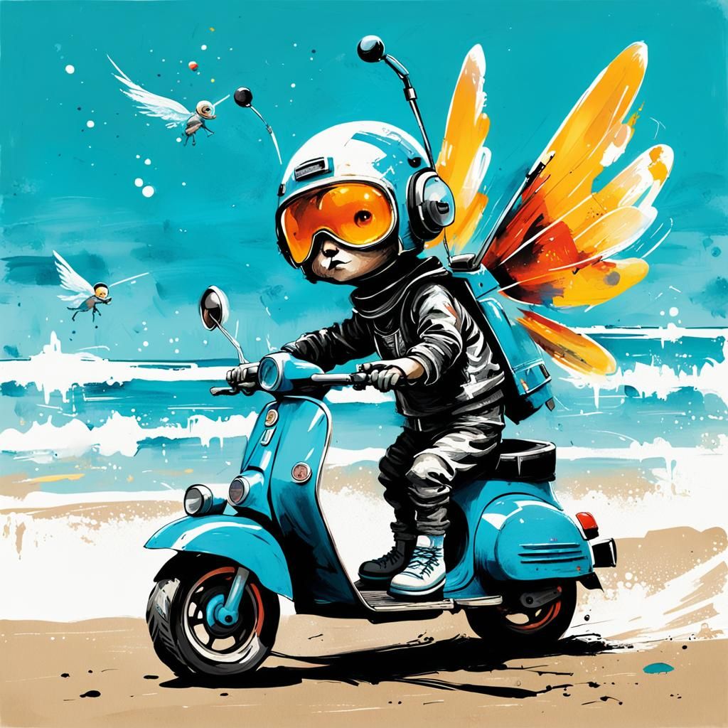 Archangel Fairy on Vespa: Abstract Expressionist Ink Paintin...
