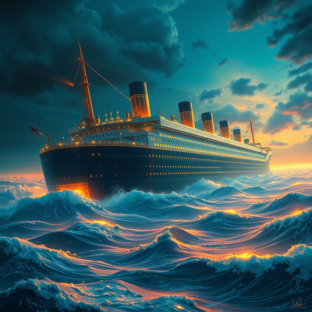 Titanic-Inspired Ship on Mystical Seascape, Dreamlike Concep...