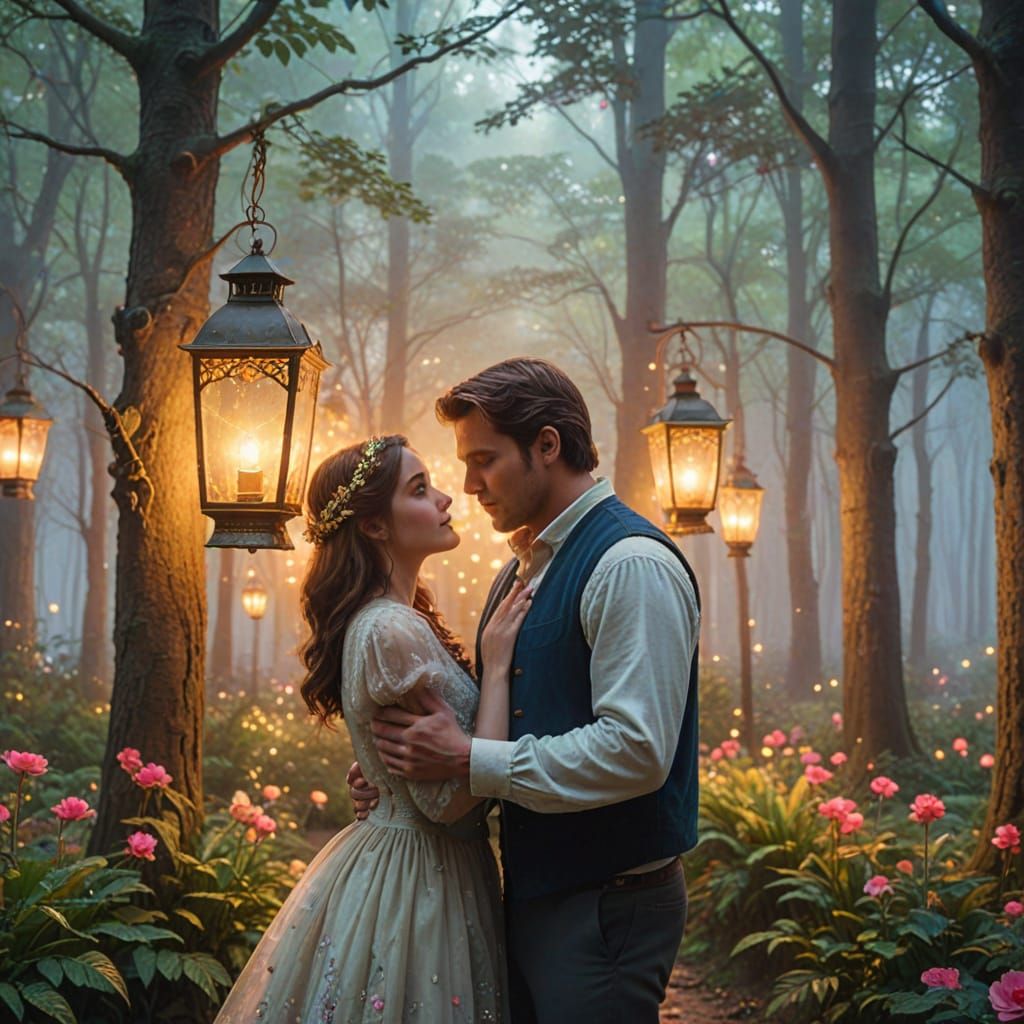 Ethereal Couple in Forest with Lanterns