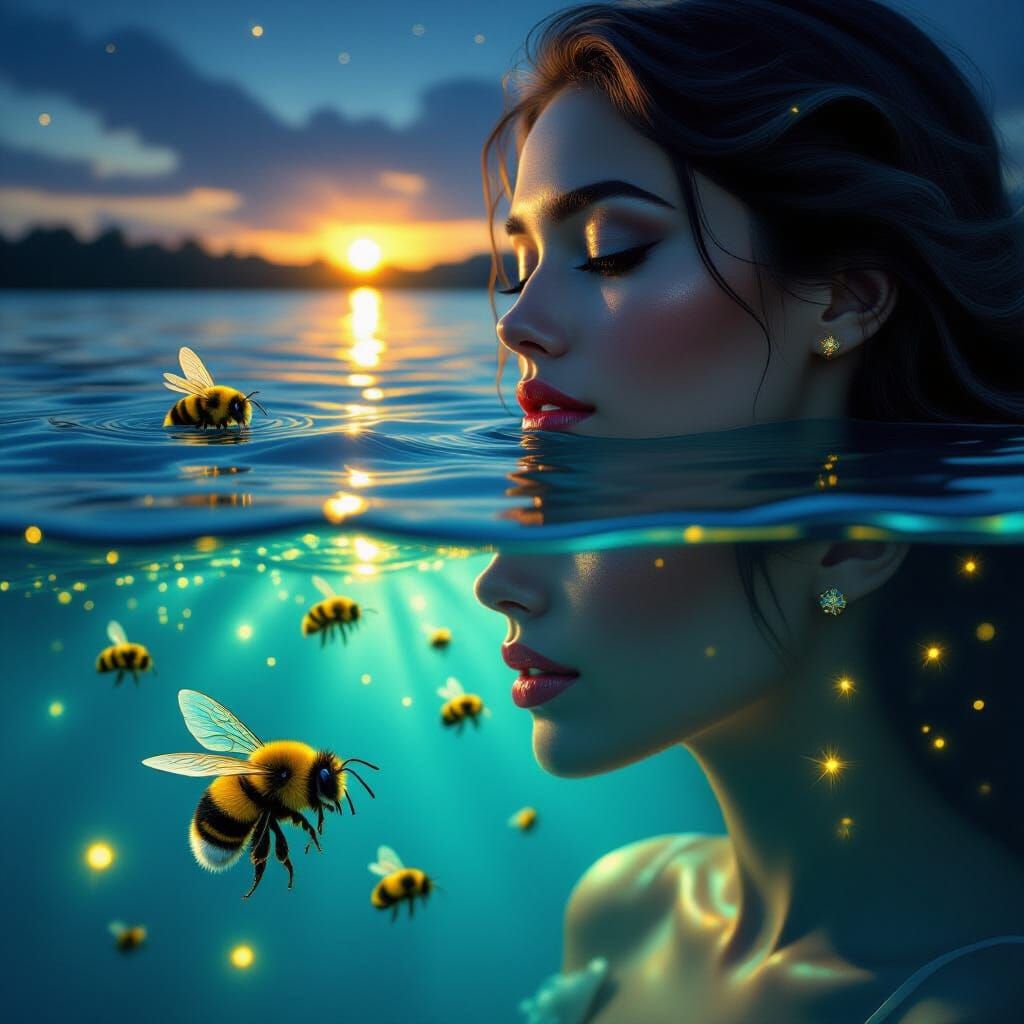 Surreal Dual Portrait with Lake and Bees