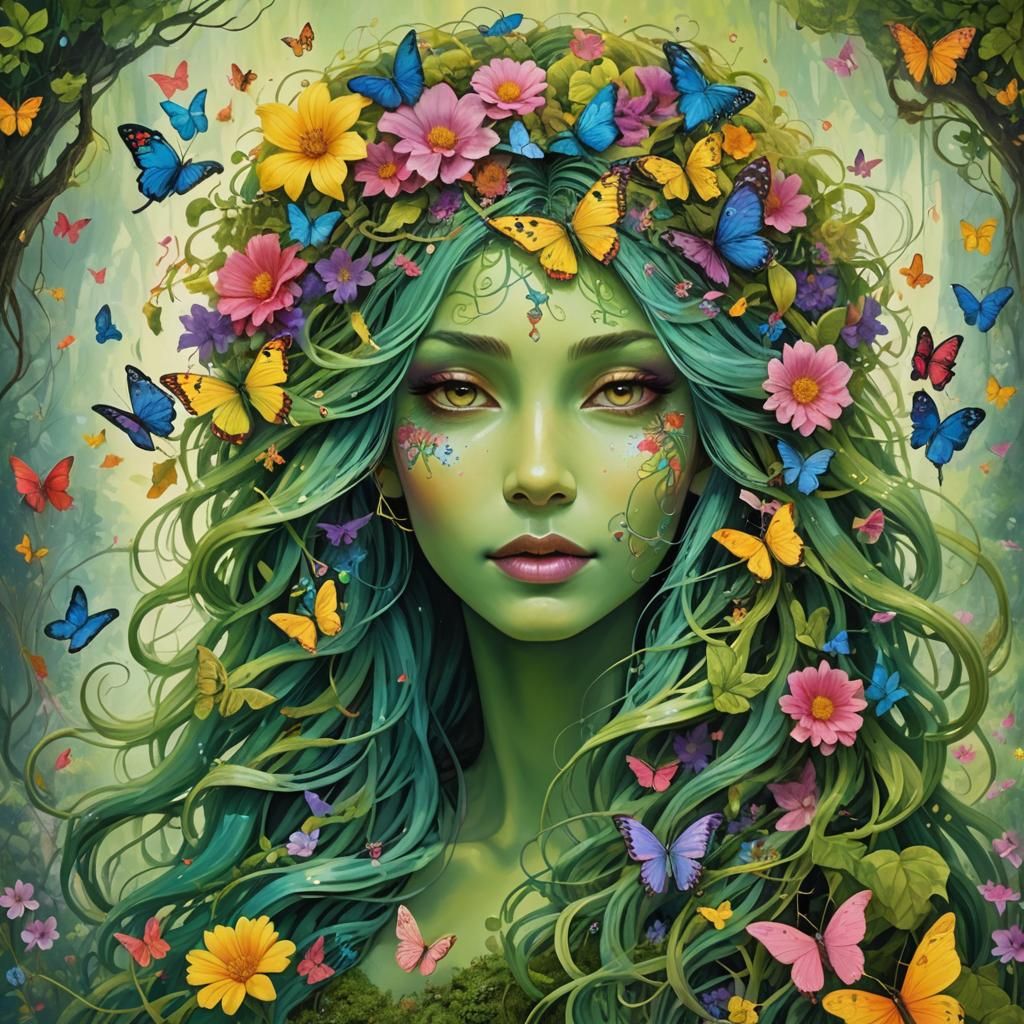 Mossy Woman with Flowers in Surreal Fantasy Style