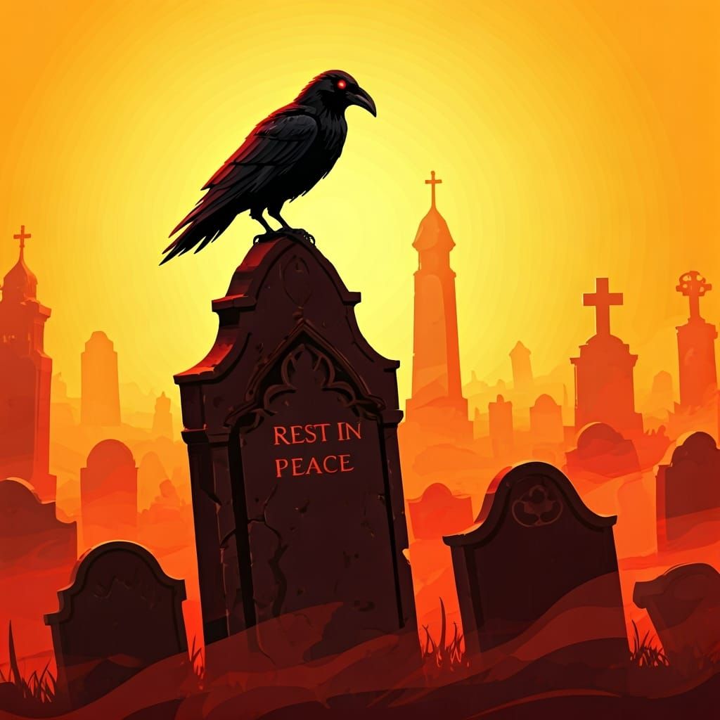 Red Cemetery Silhouette with Crow in Digital Art