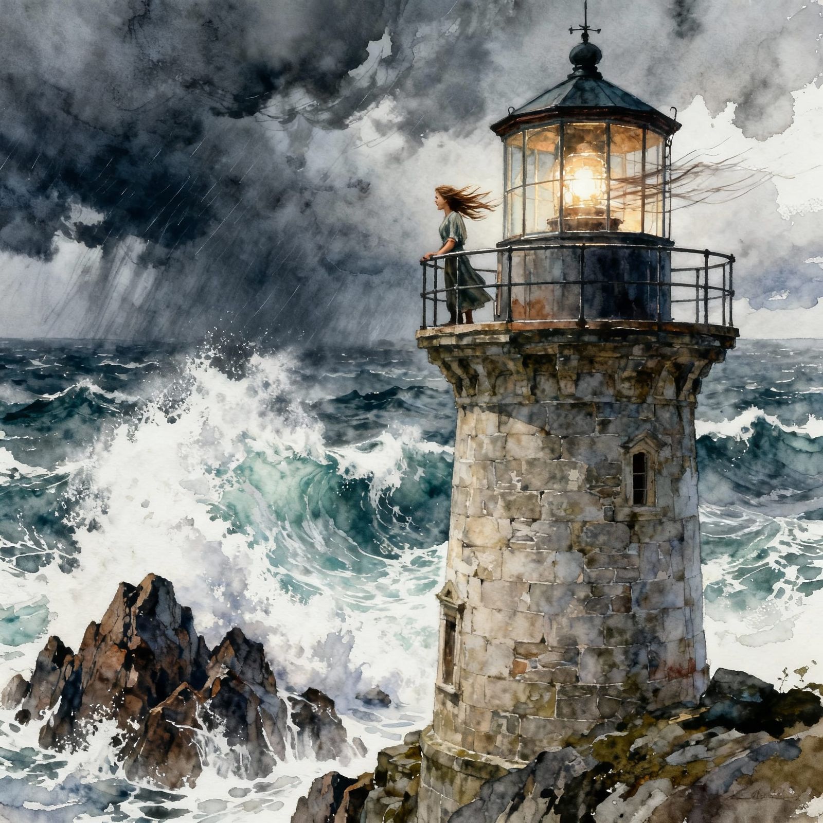Lighthouse Keeper's Solitude Amidst Stormy Seas