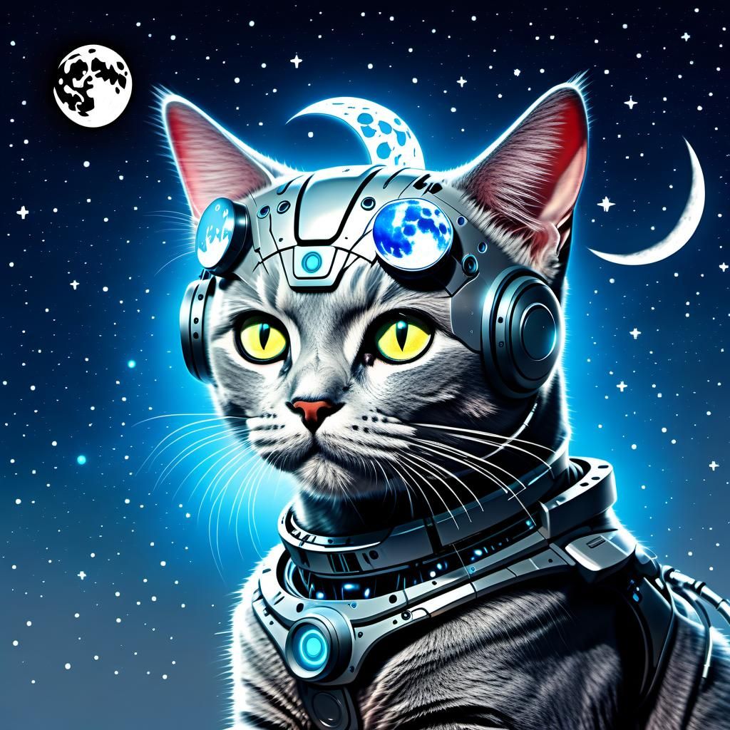 Cyborg Cat Contemplates the Moon