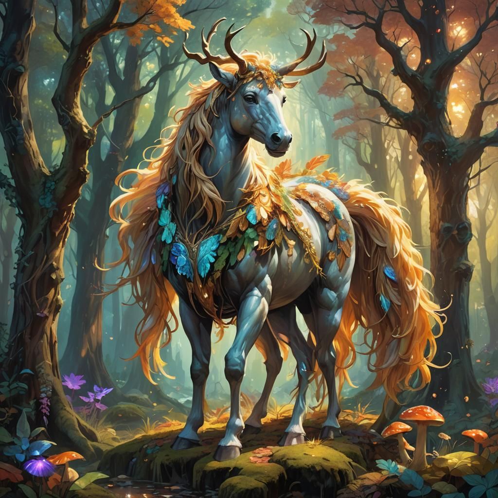 Mystical Centaur in Forest: Vibrant Oil Painting