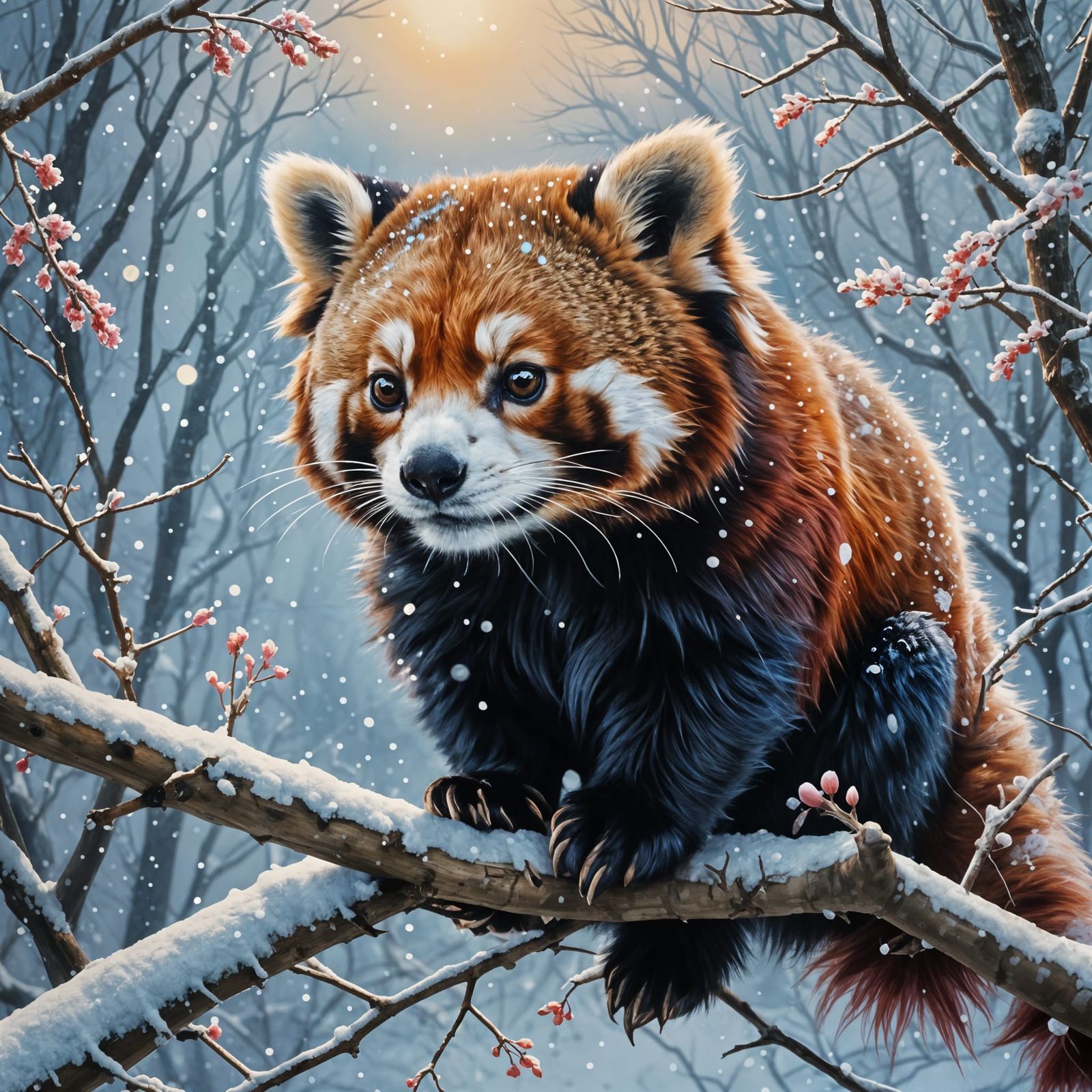 Red Panda in Snowy Scene with Fluorescent Snowflakes