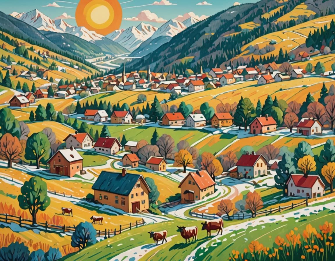 Snowy Valley Town in Naive Art Style