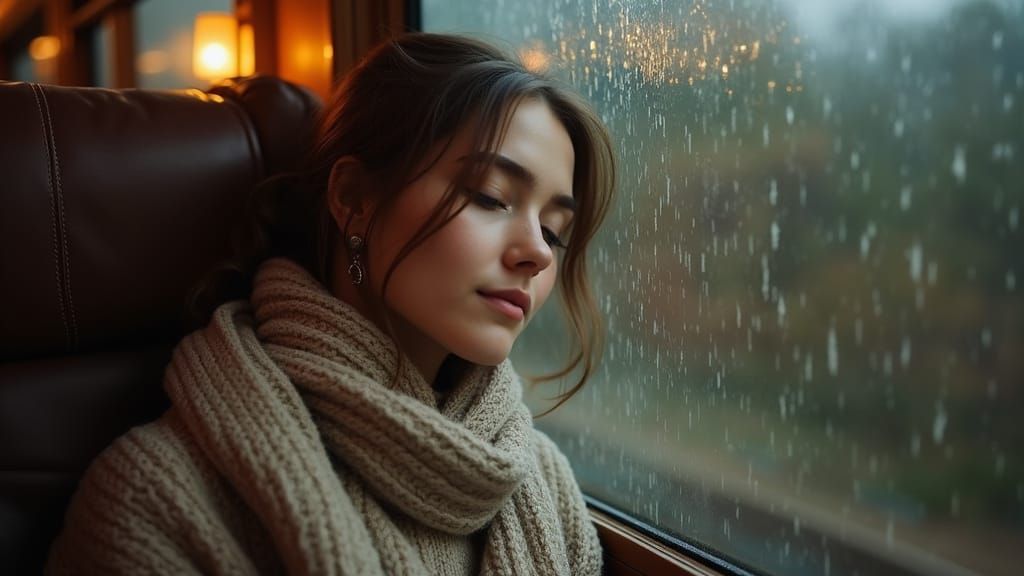 Young Woman Slumbers in Train Seat as Rain Falls Outside