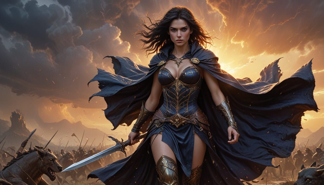 Gothic Sorceress Leads Chaotic Battle in Stormy Sunset