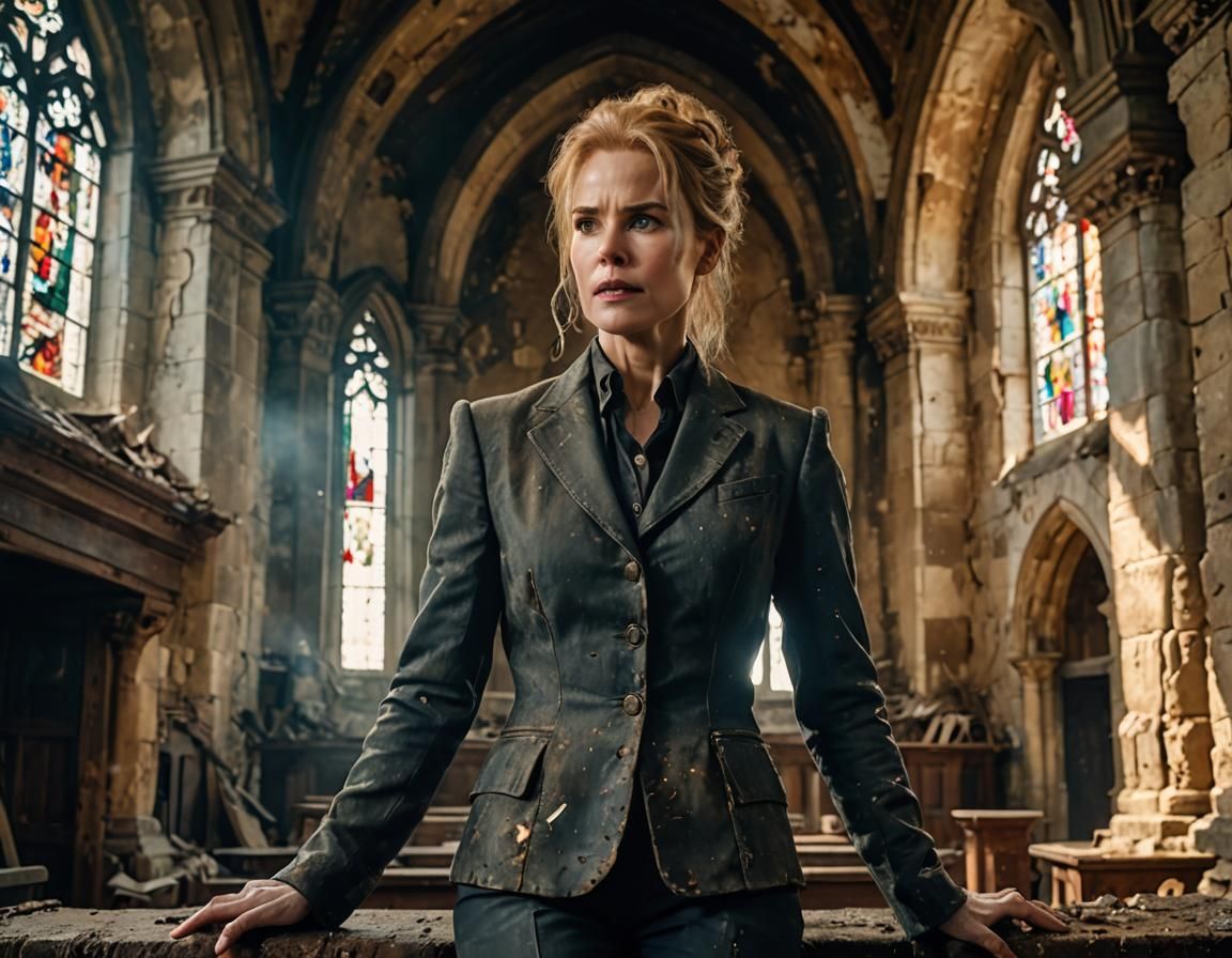 Post-Apocalyptic Teacher in Ruined Church, Detailed Airbrush...