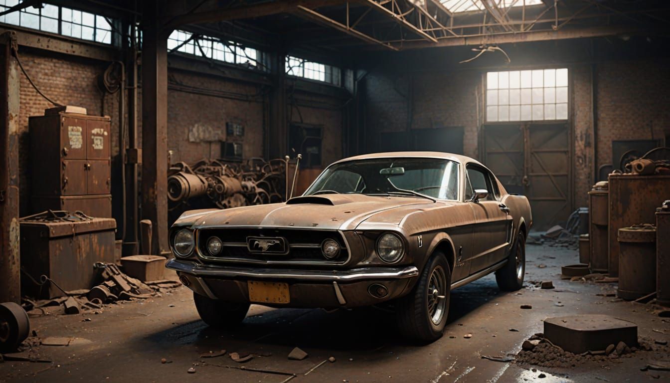 Abandoned Vintage Ford Mustang in a Dystopian Industrial Set...