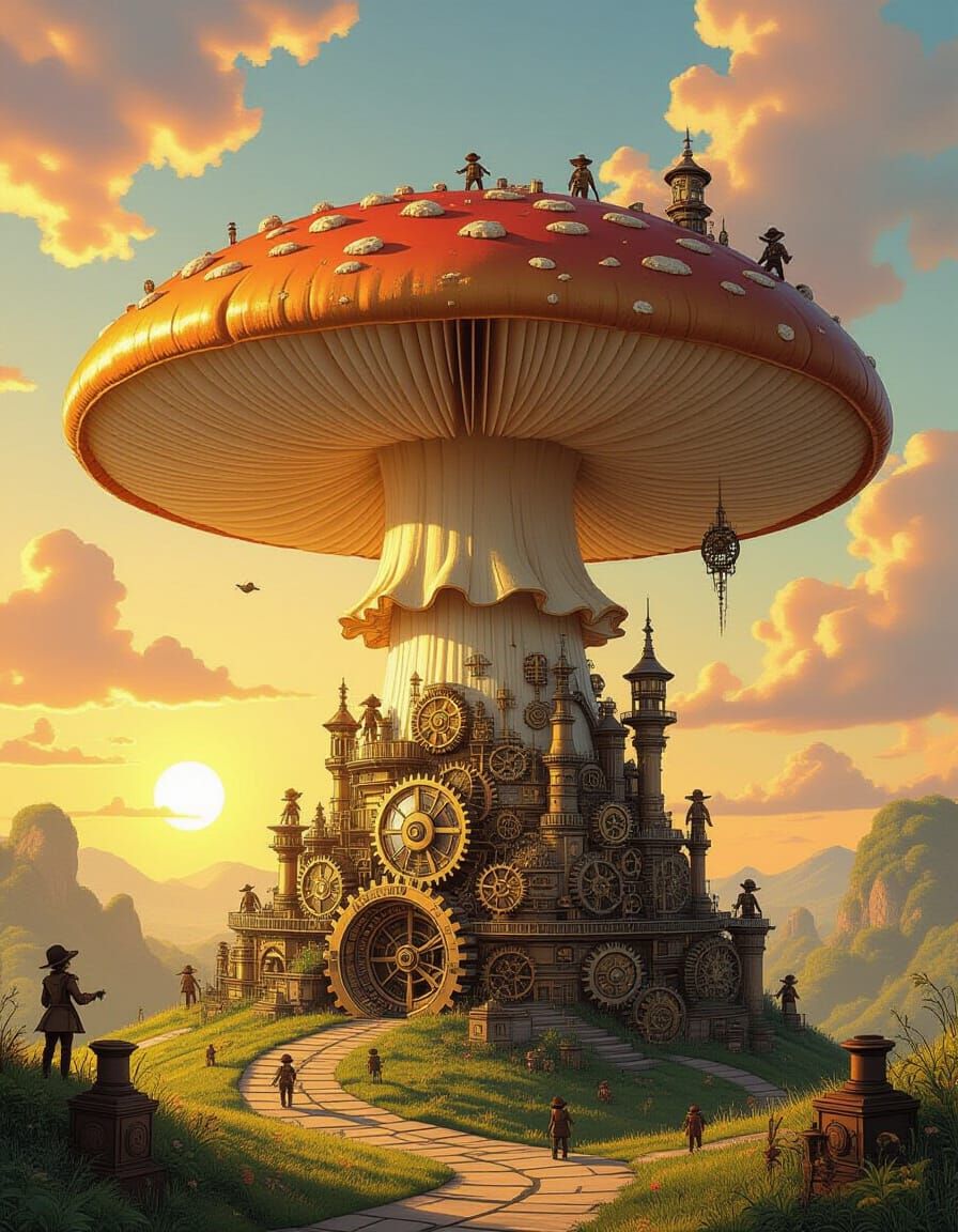 Clockwork City Under Giant Mushroom Canopy in Steampunk Styl...